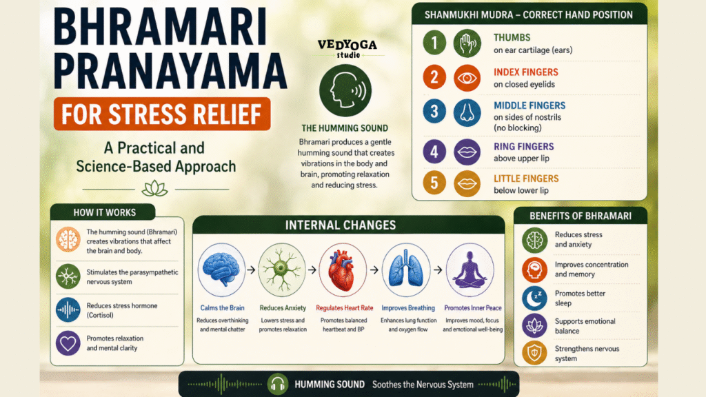 Bhramari Pranayama for Stress Relief calms the mind, reduces anxiety, improves focus, and promotes relaxation with simple daily breathing practice.